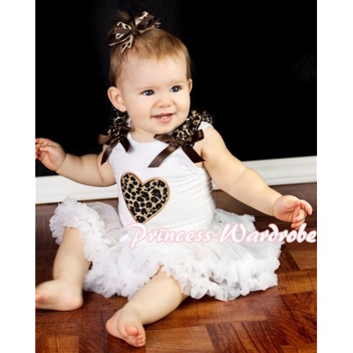 White Baby Pettitop & Leopard Heart & Leopard Ruffles & Brown Bows with White Newborn Pettiskirt NG315 